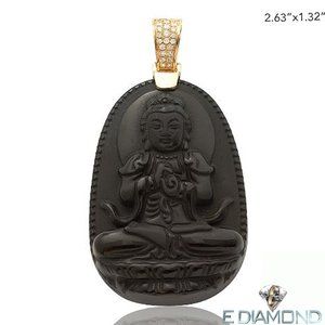 10K Solid Gold  0.25 Carats Natural Diamond With Pure Obsidian Praying Buddha